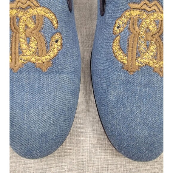 Roberto Cavalli Men\'s Blue Denim Loafer 44 EUR Slip-On Embroidered Made In Italy